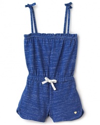 Picture-perfect summer style from Juicy Couture, the slub romper sports a square neckline and spaghetti straps that tie at the shoulder.