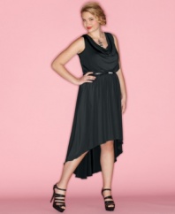 A high-low hem lends a modern edge to Ruby Rox's sleeveless plus size dress, finished by a draped neckline-- all eyes will be on you! (Clearance)