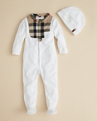 A beautiful gift for the little one in your life, this soft cotton coverall is embellished with a check-print bib and chest pocket, paired perfectly with the matching hat.