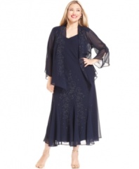 Taking inspiration from a starry night, this plus size beaded dress and jacket ensemble by R&M Richards is a perfect choice for your next special occasion.