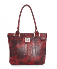 Snakeskin makes Perfect: this small shopper from AK Anne Klein layers rich color with an embossed texture and polishes it with a patent gloss.