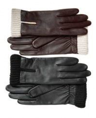 Heavy-duty style for hard-hitting weather. Lock out cold with these stylish knit cuff leather gloves by Charter Club.