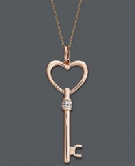 Sweet romance. Give the gift of love with this sparkling style. A trendy heart key pendant is crafted in 14k rose gold with sparkling round-cut diamonds (1/10 ct. t.w.) for extra shine. Approximate length: 18 inches. Approximate drop: 1-3/4 inches.