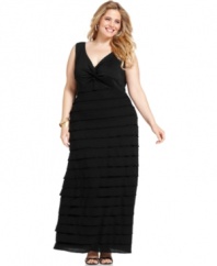 AGB takes the plus size maxi dress to the next tier with this sleeveless style, enhanced by a knotted front and ruffled skirt.
