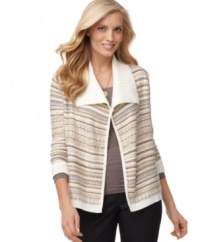 Karen Scott's Fair Isle-inspired pattern and open-front style make this petite cardigan a seasonal essential! (Clearance)