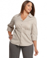 A pintucked waist creates a slenderizing silhouette to Alfani's three-quarter sleeve plus size shirt-- snag it for your work wardrobe!