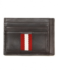 Understated bi-fold card case in leather with 2-tone ribbon trim.