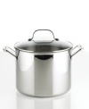 Have hearty classics on hand! Sure to be a classic in any busy kitchen, this stainless steel stock pot features an aluminum base that quickly and evenly heats the heavenly contents on the range. Cool grip handles and a dishwasher-safe design introduce ease and convenience to your cooking routine. Lifetime warranty.