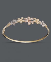An aesthetically-pleasing accessory. Accentuate any look with the versatility of 14k rose gold, 14k gold, and 14k white gold! Clever floral shapes adorn this chic bangle, while round-cut diamonds (3/4 ct. t.w.) add just the right amount of sparkle. Approximate diameter: 2-1/2 inches.
