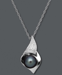 Sculptural and stylish. This unique pendant style features a black cultured freshwater pearl (7-8 mm), sparkling diamond accents, and a sterling silver setting. Approximate length: 18 inches. Approximate drop: 9/10 inch.