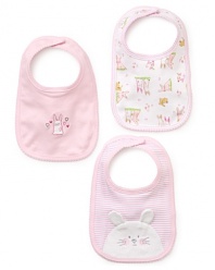This set of bunny bibs includes one with velour bunny embroidery, one with a bunny print and one solid with single bunny.