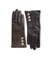 Charter Club's signature pairing of fashion and function. Genuine leather gloves with cashmere lining keep out the elements while metal buttons add a touch of handsome elegance.