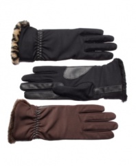 Crafted to hug your hands, Isotoner's nylon and Lycra® spandex gloves feature leather at the palms and faux fur lining for warmth.