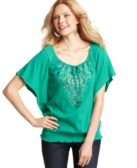 Intricate embroidery gets a little extra flash from rhinestones and studs on Style&co.'s alluring petite peasant top! (Clearance)