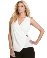 A draped front lends a flattering look to Calvin Klein's sleeveless plus size top-- it's a must-have for desk-to-dinner style!