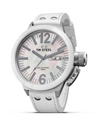 TW Steel teams a bold face with a classic leather strap for a timepiece with modern appeal.