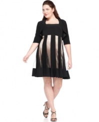 Enchanting panels of sheer, glittered material create a striped skirt on this plus size A-line dress and jacket ensemble by R&M Richards.