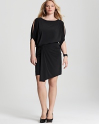 Artful draping lends modernity to this David Meister Plus dress, complete with split sleeves for a subtle peek of skin.