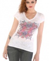 Wild Rose Sugar Skull Tattoo Art White Burnout Short Sleeve Shirt Womens Sizes: Medium