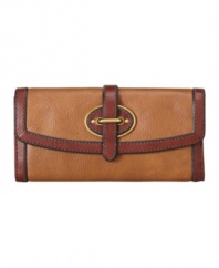 A classic flap clutch design with a chic femme appeal. This vintage inspired wallet by Fossil creates a refined appeal with aged goldtone hardware and a buckle detailed front closure.