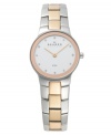 Skagen Denmark shows the soft side of steel with warm rose gold hues. Watch crafted of two-tone stainless steel bracelet with rose gold tone center links and round case. White dial features Swarovski elements at markers, two rose gold tone hands and logo. Quartz movement. Water resistant to 30 meters. Limited lifetime warranty.