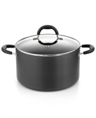 Crafted for your convenience. A hard-anodized aluminum stock pot features a superior nonstick finish that promotes healthier cooking, a fast, even heat-up and a quick clean-up. The tempered glass lid with steam vent locks in flavor and moisture for incredibly tender meals. Limited lifetime warranty.