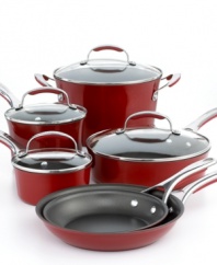 Liven up your kitchen with the bright red pots and pans of this comprehensive set that kicks your kitchen into gear for truly delicious dishes that wow and amaze. The stain-resistant enamel porcelain exteriors and interiors are easy to clean and feature a heavy-gauge construction that heats up fast and evenly for food cooked to perfection.