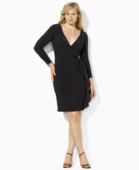 A crystal-studded bar pin and cascading silk charmeuse ruffle at the hip lend sweeping old-Hollywood glamour to this plus size Lauren by Ralph Lauren faux-wrap dress in slinky stretch jersey.