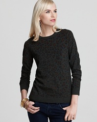 In cozy merino wool, this Gryphon sweater with fierce leopard print lends fall-perfect style to your favorite skinny jeans. A blazer polishes the look for the office.