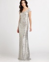 Glittering, textural allover sequins decorate this stunning floor-length silhouette.ScoopneckCap sleevesFront gathersCutout backFully linedAbout 48 from natural waistNylonDry cleanMade in USA of imported fabric