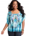 Score a standout look this spring with One World's butterfly sleeve plus size top, featuring a bold sublimated print.