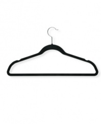 Wrinkles stay away when garments are left hanging around on these incredibly soft and undeniably durable clothes hangers. Perfectly contoured with 360º swivel hook, each black velvet hanger is gentle on delicate garments and provides a non-slip surface that holds garments right in place.