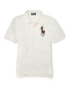 A short-sleeved polo shirt is cut in soft, breathable cotton mesh with a multicolored embroidered Big Pony for a classic look.