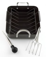 Every kitchen and every gourmet cook should be treated to the mastery of Calphalon® cookware. The high-performance quality of the nonstick interior allows for quick, easy cooking and cleanup. Contemporary Nonstick handles allows for safe and easy handling of even your hottest dishes. Includes nonstick roasting rack and turkey lifters. Carries a lifetime warranty.
