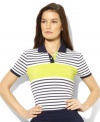Crafted in sleek stretch jersey for a comfortable fit, this petite Lauren by Ralph Lauren polo is designed with a contrast stripe and signature LRL-embossed snaps for a sporty appeal.