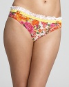 Charming and cheeky, this Betsey Johnson bikini bottom flaunts a floral print in citrus hues--a mesh overlay adds an unexpected touch for the girl who refuses to blend in.