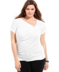 Upgrade your plain tees for AGB's short sleeve plus size top, featuring an elegantly draped neckline-- dress it up with trousers or down with denim.