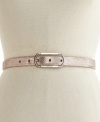 The metallic look of this Calvin Klein skinny leather belt creates a mesmerizing feel to any outfit.