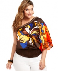 Baby Phat's latest plus size top turns up the heat with a tropical floral print and a one-shoulder silhouette that's ready for a night out!