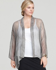 A sheer silhouette and kimono sleeves lend modern edge to this Eileen Fisher Plus jacket. Play up the metallic palette with sleek silver accents.