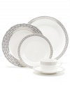 Sit down to a stylish table with Hightown place settings by Martha Stewart Collection. Contemporary bone china dinnerware with a distinct platinum pattern puts modern sophistication at the top of your menu.