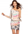 Support your color habit with this dress from American Rag, where a tie-dye print explodes over a fluid, one-shoulder silhouette!