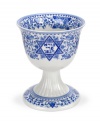 Intricate patterns in traditional blue and white make Spode's porcelain kiddush cup an elegant addition to your Shabbat and holiday rituals. (Clearance)