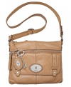 Get up and go with this organized leather crossbody by Fossil featuring silvertone lock and key accents. With plenty of pockets both inside and out, everything will be in its place and ready to go when your next adventure comes calling.