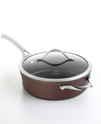 Just right. The perfect kitchen companion, this elegant bronze piece features multiple layers of nonstick technology, a hard-anodized construction and stay-cool handles for an unrivaled combination of professional performance and everyday ease. Your go-to for braising meat, sauteing seafood, simmering marinara and more. Lifetime warranty.