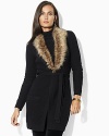 The cotton-blend Radelle waffle cardigan embodies chic, modern sophistication in an elegant longer length with a flattering belted waist and luxe detachable faux-fur collar.