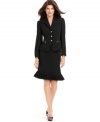 This petite skirt suit from Tahari by ASL looks sharp on top with goldtone zipper and hardware details on the jacket and pretty at the bottom with a pop of pleating at the hem.