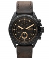 A rugged Decker collection chronograph watch from Fossil that blends smooth leather with structured steel for a complete look.