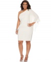R&M Richards' plus size cocktail dress is stunning with its beaded one-shoulder silhouette. The sheer flutter sleeve gives the fitted silhouette a graceful finishing touch.