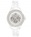 This boyfriend-inspired watch by Style&co. gets a girlie makeover in white on white. White-plated mixed metal bracelet and round case. Bezel embellished with crystal accents. White dial features numerals, stick indices, minute track, three multifunctional subdials, three hands and logo. Quartz movement. Two-year limited warranty.